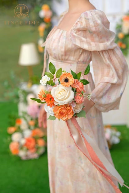 TINGE TIME Bridesmaid Bouquets for Wedding Set of 6 CoralPink & Champagnee 7 Inch Wedding Bouquets Artificial Silk Flowers Bridal Bouquets for Bridesmaids, Wedding Decor, Anniversary