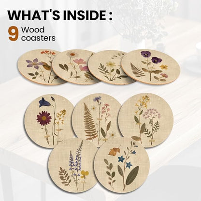 ANATTASOUL Coasters Set of 9 Vintage Flowers and Plants Pattern Colorful Wooden Coasters Bulk Round Housewarming Gift for New Home, 3.9" Decorative Coffee Table Protection for Farmhouse Bar Decor