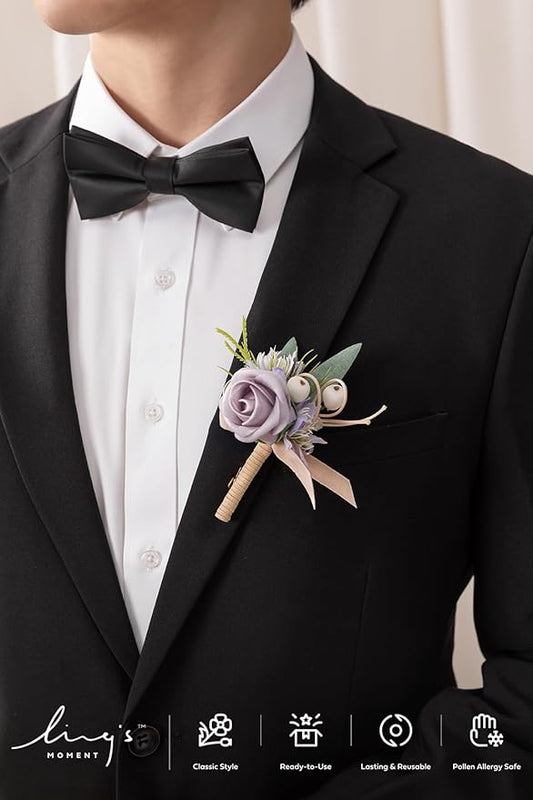 Ling's moment Boutonniere for Men, 6pcs Groom Groomsmen Boutonniere, Artificial Flowers for Wedding Decor/Prom/Homecoming, etc.Lilac Berry