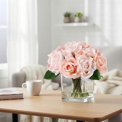 18 Heads Rose Faux Flowers in Vase, Aritificail Rose Floral Arrangement with Vase for Dining Table, Bedroom, Wedding Decor (Champagne)
