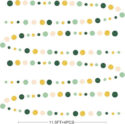 Sage Green Gold Beige Party Polka Dot Garlands Oilve Green Glitter Gold Hanging Paper Circle Dots Streamer for Baby Shower Birthday Wedding Engagement Retirement Boho Safari Party Decorations Supplies