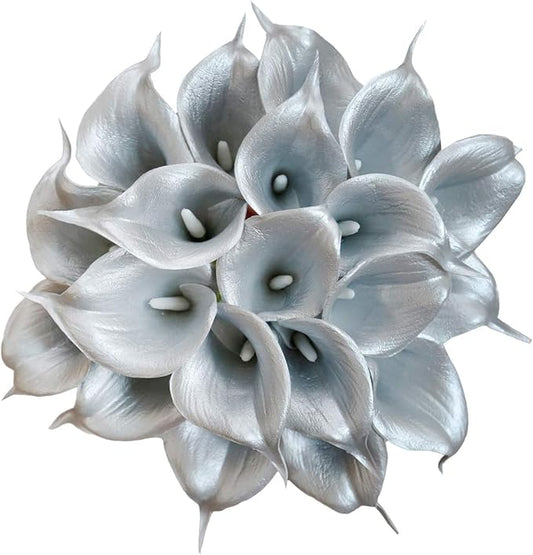 DuHouse 20Pcs Artificial Calla Lily Flower Real Touch Latex Flowers for DIY Wedding Bouquet Party Home Decor (925 Silver)