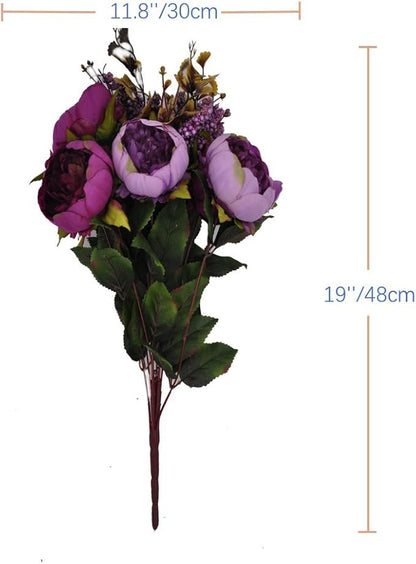 1pcs Artificial Peony Bouquet,19 Inch Silk Peony Bunch with 7 Faux Flowers,Classical Style Artificial Flowers with Leaves and Ornaments for Wedding,Home Décor Centerpieces(Purple)