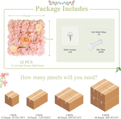 FUHSY Pink Flower Wall Backdrop 3D Rose Flower Wall Panel 12 Packs 15 x 15 Inch Artificial Flower Wedding Backdrop for Photo Floral Background for Bridal Shower Birthday Party Stage Room Decor