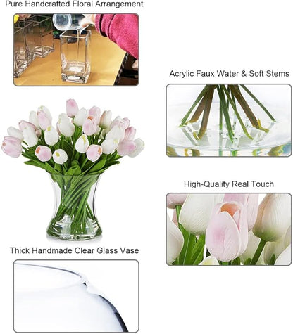ENOVA FLORAL 40 Heads Artificial Tulips Flowers with Vase Mixed White Pink Colors, Real Touch Tulips Floral Arrangement with Vase, Fake Flowers in Vase for Home Decor, Wedding Centerpieces