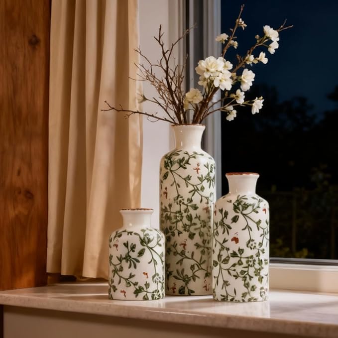 Green Chinoiserie Ceramic Vase Set of 3 – Vintage Green Floral Vases, Decorative Porcelain Vase Set for Flowers, Rustic Farmhouse & Cottage Core Home Decor, Living Room, Shelf & Table Centerpieces
