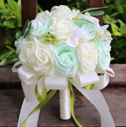 Lightweight Bridal Wedding Bouquet Round Holding Bouquet Throw Toss Artificial Rose Flower Bunch for Bride Bridesmaid Wedding Quinceanera (Cream & Light Cyan, 7.9")