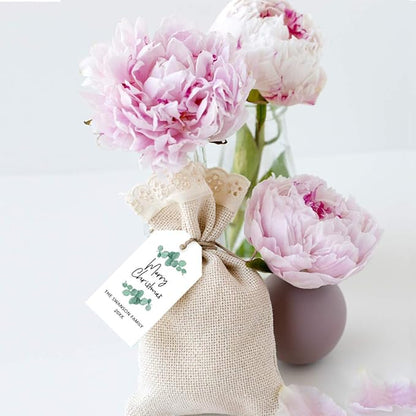 Andaz Press Personalized Christmas Holiday Season Classic Gift Tags, Merry Christmas Custom Family Name and Year, Eucalyptus Leaves Design, for Holiday Events, Parties, and Favors, 60-Pack