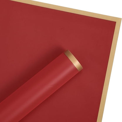 WRAPAHOLIC 20 Sheets Flower Wrapping Paper - 22.4 x 22.4 inch Gold Trim Red Water-Resistant Floral Bouquet Wrapping Paper, Florist Supplies Packaging Paper for Wedding Birthday Gift DIY