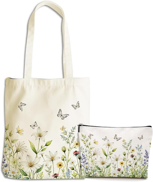 Flower Plant Lover Gifts for Women Canvas Tote Bag with Makeup Bag Cosmetic Bags Grocery Bags for Shopping Christmas