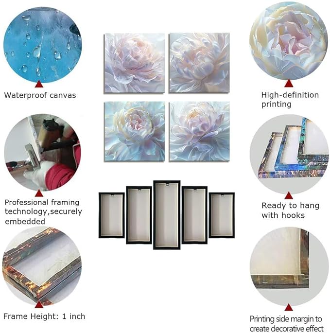 White Flower Canvas Wall Art Floral Pictures Prints Abstract Flower Wall Decor for Living Room Bedroom Bathroom Office Home Decorations Framed Artwork Ready to Hang (16''W x 16''H x 4)