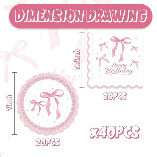40Pcs Pink Bow Birthday Decorations Pink Bow Plates and Napkins Set Party Supplies for Baby Shower Decor Bachelorette Coquette Birthday Decorations for Girl