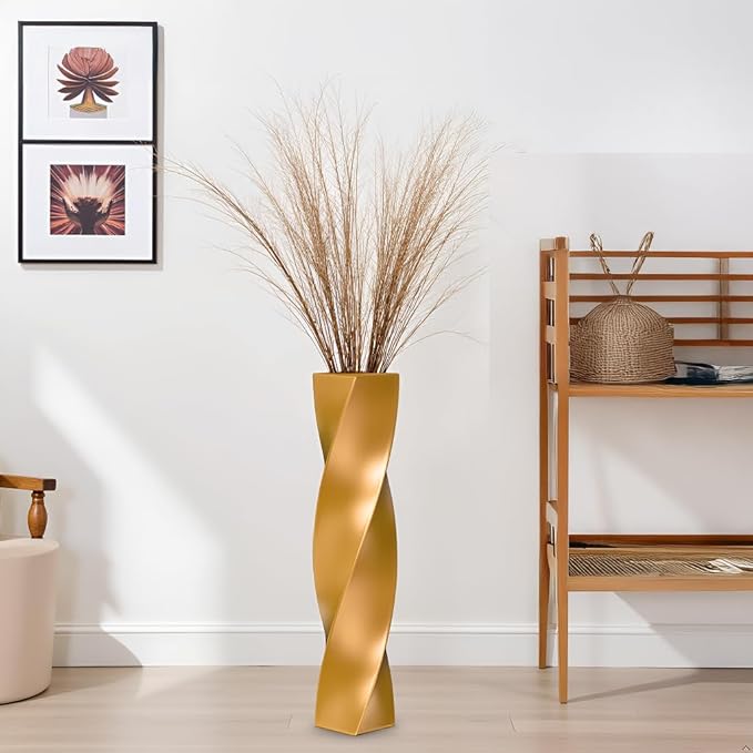 Tall Gold Floor Vase - 23.6 Inch Modern Square Twist Vases for Home Decor, Large Decorative Vase for Dried Flowers, Pampas Grass, Centerpiece - Matte Finish