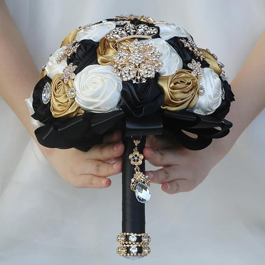 Handmade Satin Rose Floral Bling Pearl Decor Bridal Wedding Bouquet Rhinestone Pendant Artificial Brooch Flowers for Bride Bridesmaid Quinceanera