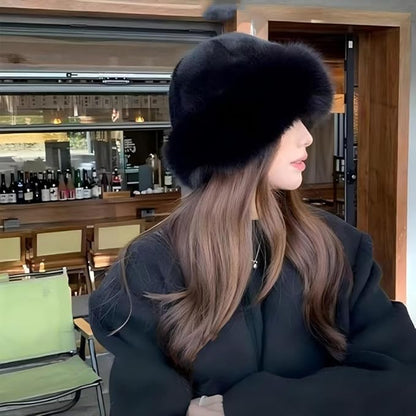 Faux Fur Bucket Hat, Winter Plush Fluffy Furry Mink Hats, Warm Thickened Fisherman Cap, Warm and Cute, Versatile for Winter - Black