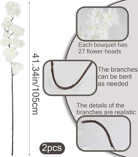 2 Pcs Artificial Cherry Blossom Flowers Branches 41" Faux Cherry Blossom Long Stem White Silk Cherry Blossom Tree Tall Fake Flower Arrangement for Home Wedding Centerpieces Spring Indoor Decor