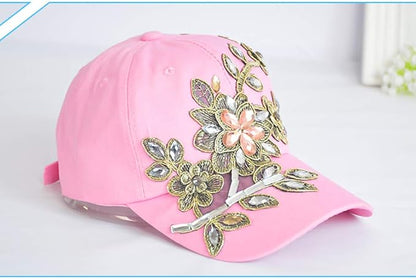 Gudessly Bling Women Baseball Cap Flower Snapback Rhinestone Sun Hats Adjustable Denim Jeans Hat