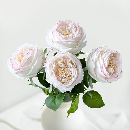 YalzoneMet 3.5'' Big Bloom Flesh Pink Rose Artificial Flowers 4Pcs Real Touch Rose Faux 17.7 Inch Long Stem Austen Roses Peonies Fake Flowers for Home Kitchen Party Christmas Flower Wedding Decor