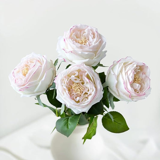 YalzoneMet 3.5'' Big Bloom Flesh Pink Rose Artificial Flowers 4Pcs Real Touch Rose Faux 17.7 Inch Long Stem Austen Roses Peonies Fake Flowers for Home Kitchen Party Christmas Flower Wedding Decor