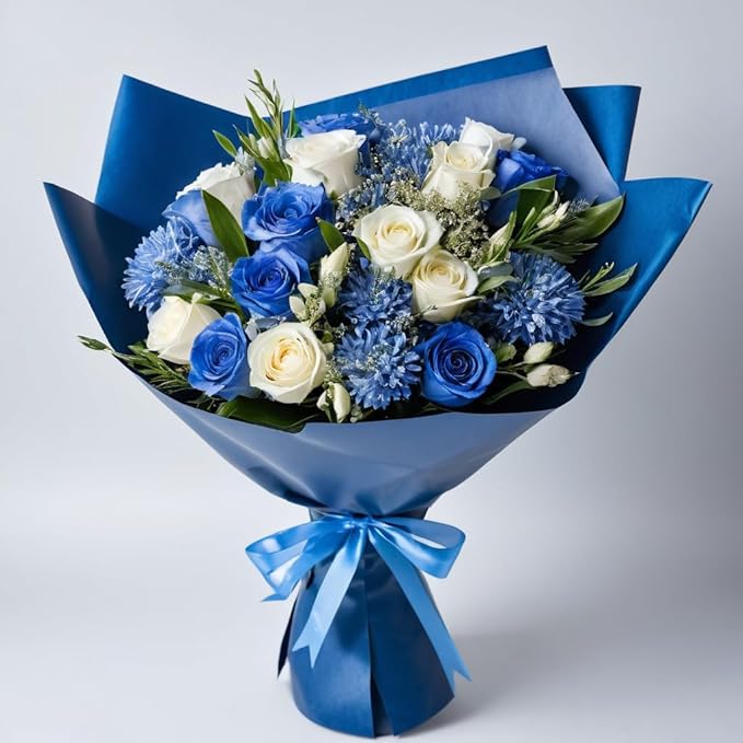 LeZakaa 20 Sheets Flower Wrapping Paper - Waterproof Reversible Floral Bouquet Paper - Sky Blue and Navy Blue Design for Father's Day, Graduation, Party, Holiday
