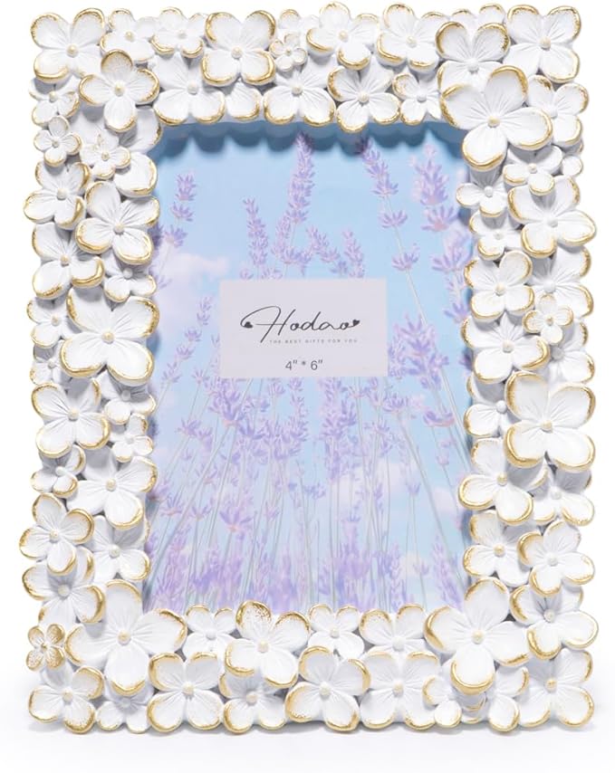 Hodao 4×6 White Floral Picture Frame — Handcrafted Textured Flower Picture Frame with Plastic Photo Cover & Built-In Easel for Tabletop Display, Decorative Home Décor, Nursery & Photo Keepsake