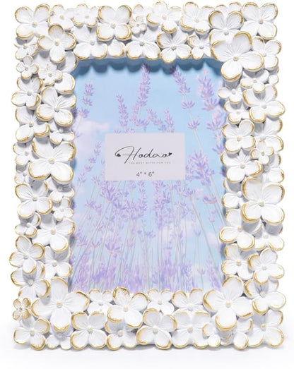 Hodao 4×6 White Floral Picture Frame — Handcrafted Textured Flower Picture Frame with Plastic Photo Cover & Built-In Easel for Tabletop Display, Decorative Home Décor, Nursery & Photo Keepsake