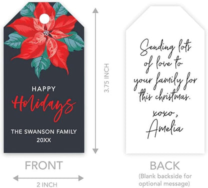 Andaz Press Personalized Christmas Holiday Season Classic Gift Tags, Happy Holidays Custom Family Name and Year, Christmas Poinsettia Design, for Holiday Events, Parties, and Favors, 60-Pack