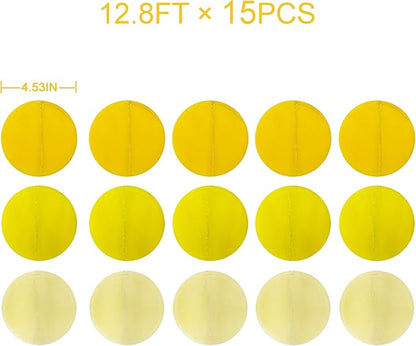 192Ft Yellow Party Decorations Ombre Yellow White Big Polka Dots Backdrop Streamer Gradient Yellow Tissue Paper Circle Dot Hanging Garland for Lemon Bee Sunflower Birthday Baby Shower Party Supplies