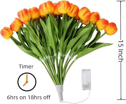 LED Lighted Artificial Tulip Lamp, Real Touch Tulip Flowers, 15 Inch Faux Tulip Bouquet with Battery Operated Lights for Gifts, Home Kitchedn Wedding Decor (Orange)