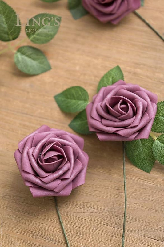 Ling's moment Artificial Flowers 25Pcs Mauve Roses Decor w/Stems,3" Real Touch DIY Foam Floral for Wedding Bouquet/Centerpieces, Outdoors Party Backdrop, Room/Table, and Garden/Pot Decorations