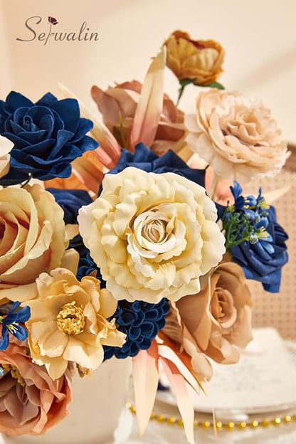 Serwalin Artificial Khaki Brown & Blue Flowers, Silk Fake Flowers for DIY Wedding Bouquets Cake Flower,Table Centerpieces Baby Shower Birthday Party Home Decorations