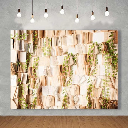 7x5FT Book Photography Backdrop Vintage Book Green Leaves Backdrop for Kids Adults Birthday Baby Shower Party Decorations Supplies KUBDJ942
