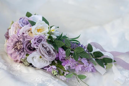 Bridal Bouquets for Wedding, Cascading Bouquets for Bride Lilac Purple Rose Artificial Bridal Bouquet for Wedding Anniversary Ceremony Bridal Shower Party Church Decoration