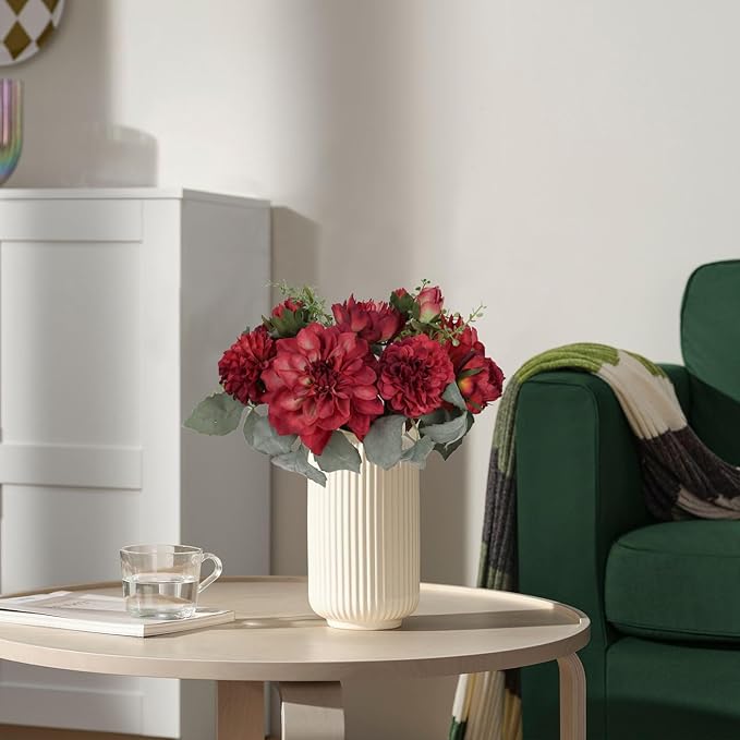 Peonies Artificial Flowers 2 Bouquets Red Dahlia with Peonies 18stems Silk Peonies Flowers with Stems Real Look Fake Dahlia Peonies Flowers Artificial for Decoration for Wedding Bouquet (Red)