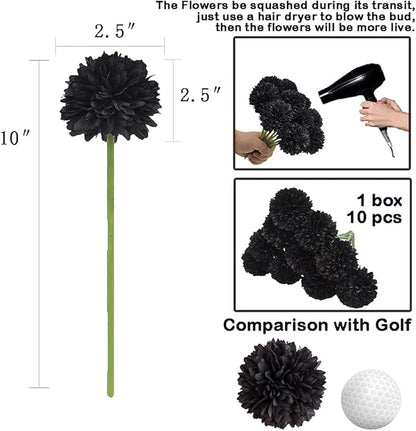 10Pcs Artificial Fake Flower Plants Silk Chrysanthemum Ball Hydrangea Arrangements Wedding Bouquets Decor Home Kitchen Garden Party Table Floral Centerpieces DIY (Black)