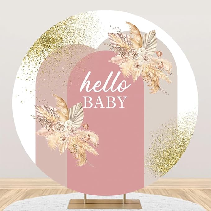 AOFOTO 7.5x7.5ft Boho Baby Shower Round Backdrop Cover Bohemian Chic Pink Arch Cover with Flowers Hello Baby Theme Photography Background Newborn Birthday Party Decorations Banner Photo Booth Props