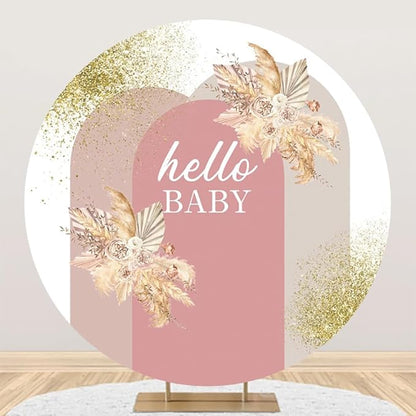 AOFOTO 6x6ft Boho Baby Shower Round Backdrop Cover Bohemian Chic Pink Arch Cover with Flowers Hello Baby Theme Photography Background Newborn Birthday Party Decorations Banner Photo Booth Props