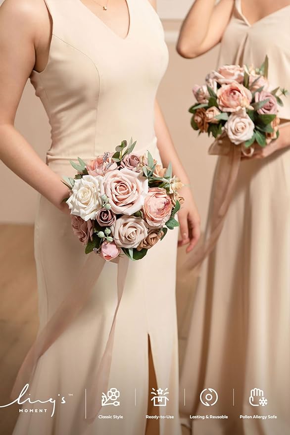 Ling's moment Champagne Gold Bridesmaid Bouquet Set of 4, Gold & Cream Wedding Bouquets for Bridesmaids, Sand Dun 7 Inch Bridal Bouquets for Bridesmaids, Wedding, Ceremony, Anniversary, etc.