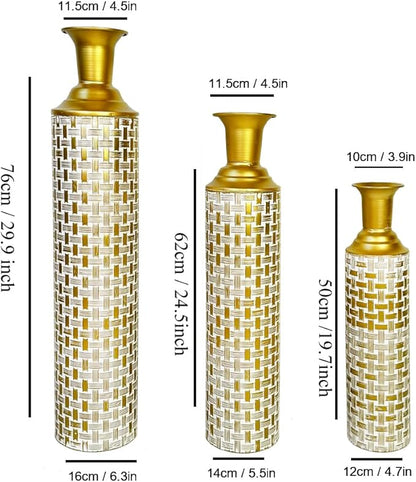 Leewadee Set of 3 Large Floor Vases – Decorative Tall Metal Vases in Gold White (30/24/20 inches) – Elegant Home Decor for Stylish Interiors