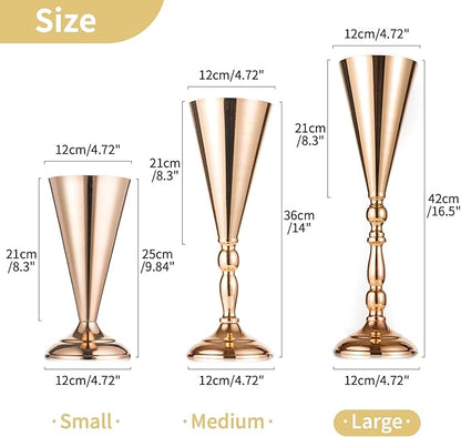 2 Pcs Tabletop Metal Wedding Flower Trumpet Vase, 16.5 inch Tall Table Decorative Centerpiece, Artificial Flower Arrangements for Anniversary Ceremony Party Birthday Event Aisle Home Decoration (Gold)