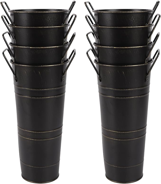 8pcs Small Galvanized Vase,Small Metal Vases Home Décor,Black Rustic Farmhouse Flower Vase,Rustic Vases for Centerpieces,Galvanized Metal Bucket with Handles (Black,10'' Height,Set of 8)