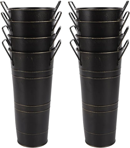 8pcs Small Galvanized Vase,Small Metal Vases Home Décor,Black Rustic Farmhouse Flower Vase,Rustic Vases for Centerpieces,Galvanized Metal Bucket with Handles (Black,10'' Height,Set of 8)
