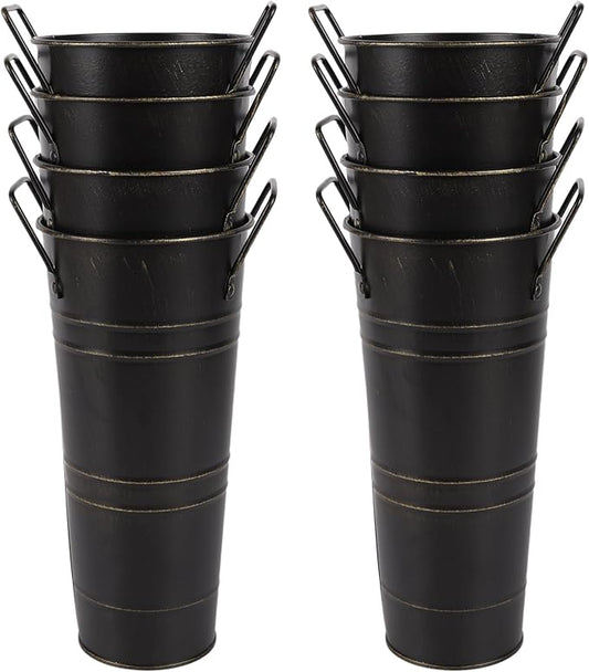 8pcs Small Galvanized Vase,Small Metal Vases Home Décor,Black Rustic Farmhouse Flower Vase,Rustic Vases for Centerpieces,Galvanized Metal Bucket with Handles (Black,10'' Height,Set of 8)
