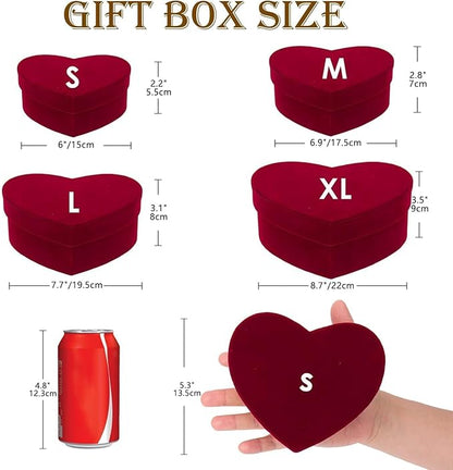 GnFlus Red Wine Gift Boxes with Lids for Presents 4 Pack Heart Shaped Velvet Nesting Burgundy Gifts Box for Arrangements Flowers Wedding Valentines Christmas Birthdays Bridesmaid Anniversary Party