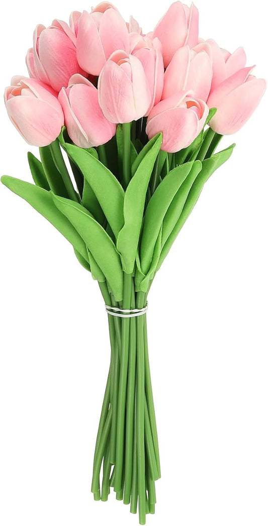 uxcell 20pcs Tulips Artificial Flowers, Faux Flowers Silk Fake Tulip Stems Real Touch for Wedding Bouquet Centerpiece Table Party Decoration(Orange Pink)