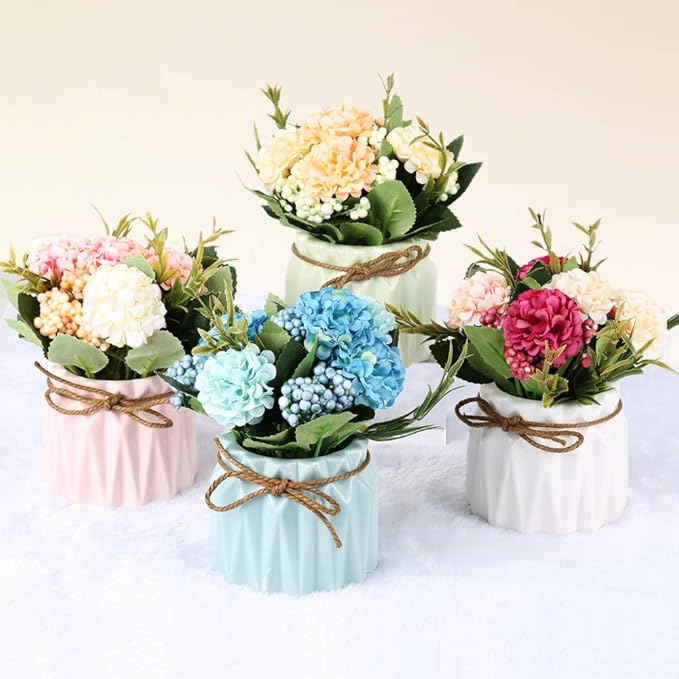 Artificial Hydrangea Bouquet with Small Ceramic Vase Fake Silk Variety Flower Balls Flowers Decoration for Table Home Party Office Wedding (Green)