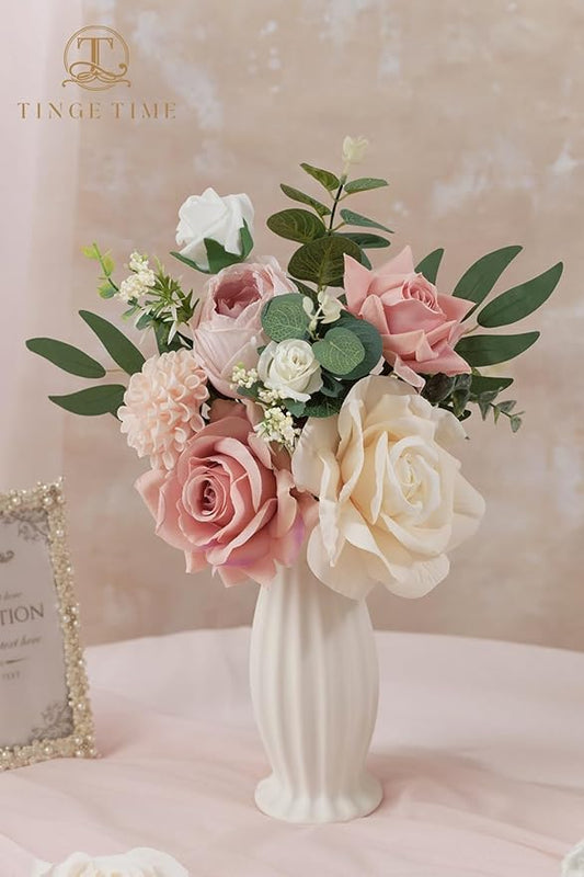 TINGE TIME Artificial Flowers Combo Mix Silk Flowers Pink Roses w/stem for DIY Wedding Bridal Bouquets Baby Shower Floral Arrangement Table Centerpieces Home Decorations (Dusty Rose & Champange)