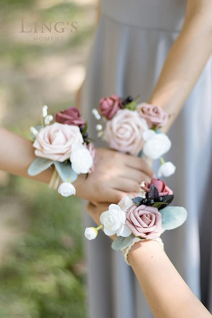 Ling's moment 6pcs Wedding Wrist Corsage Artificial Flowers, Girl/Mother Homecoming Prom Corsages Wristlet Décor, etc. Mauve Dusty Rose