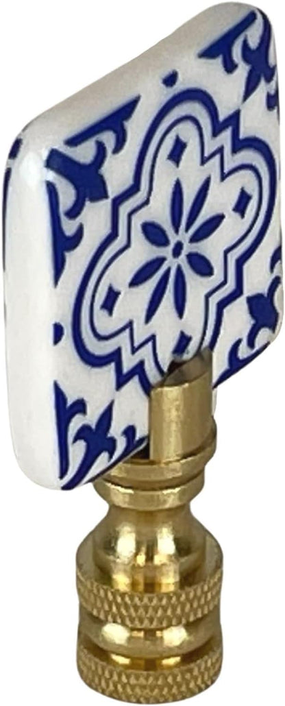 Royal Designs, Inc. Porcelain Square Design Finial for Lamp Shade, Polished Brass, Blue & White, Pack of 2