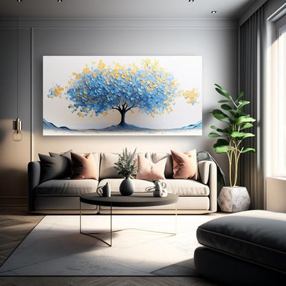 LAVIKARS Modern Tree of Life Wall Art for Living Room Office Navy Blue and Yellow Floral Abstract Landscape Canvas Painting Prints Large Nature Artwork Home Kitchen Bedroom Decor (20x40 Inches)
